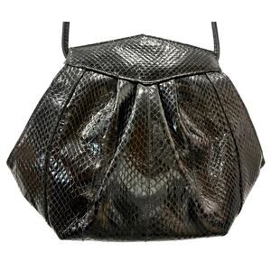 Vintage 80s Black Snakeskin Geometric Shoulder Bag Hexagon Pleated Purse